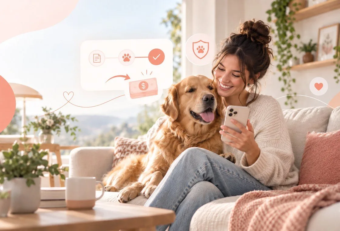 Dog beside its owner as she uses a phone at home